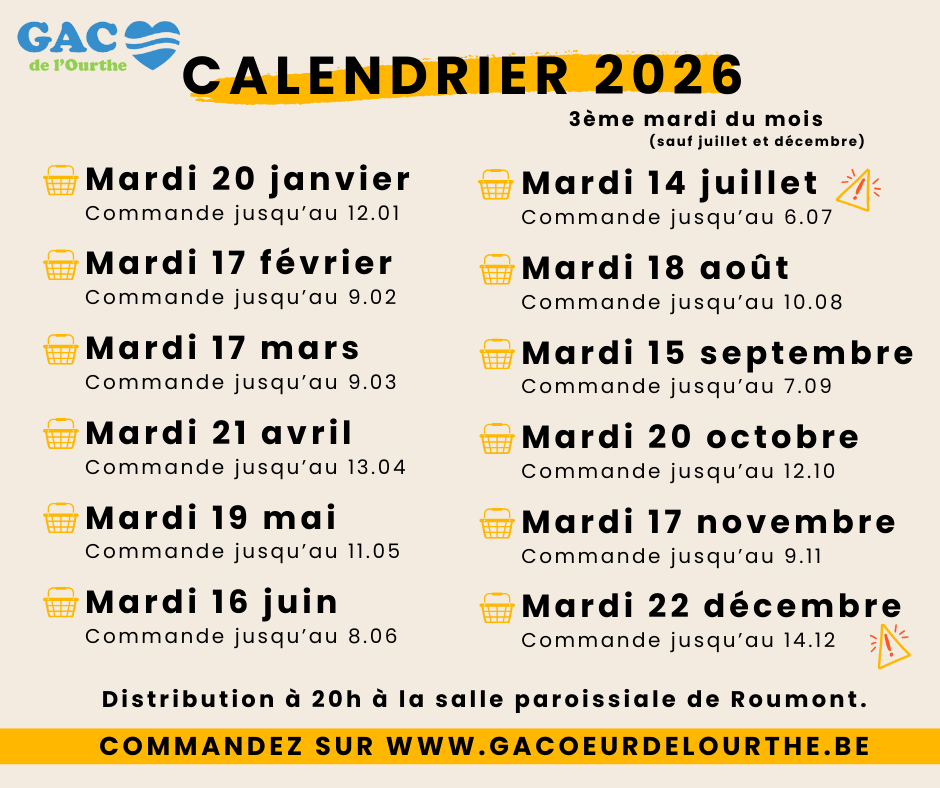 Calendrier des commandes du GAC de Tenneville, Sainte-Ode et Bertogne.